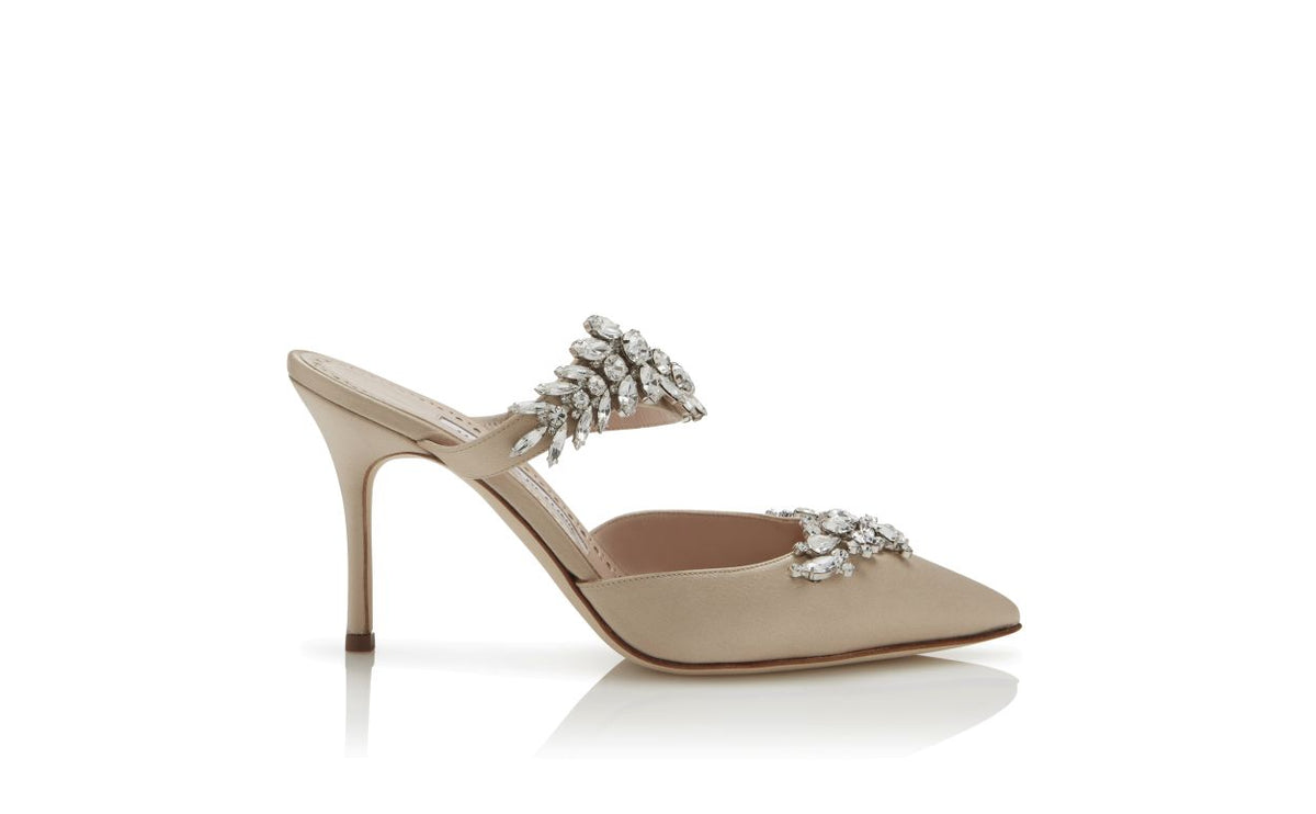 Elara Crown Neutral Crystal Embellished Mules – side profile showing neutral crystal embellished, pointed toe, satin…