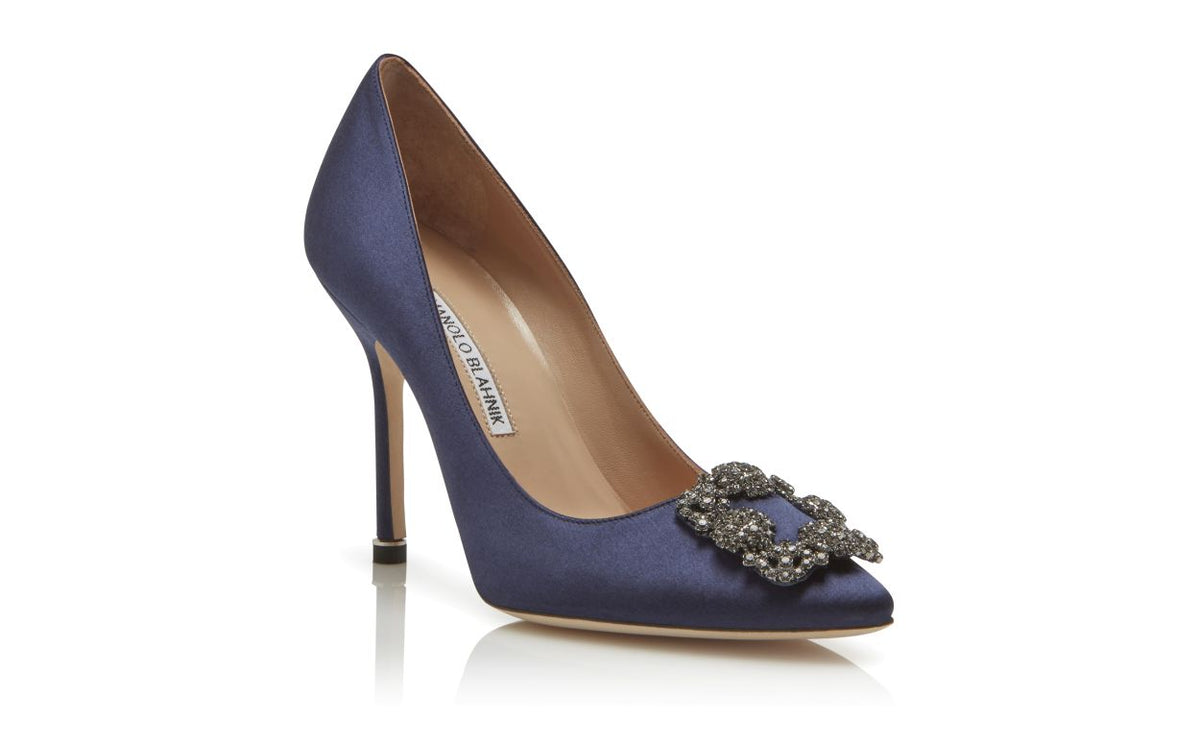 Camellia Bloom Blue Jewel Buckle Pumps – top view showing blue jewel buckle, crystal buckle, almond toe, satin, Vowalisse