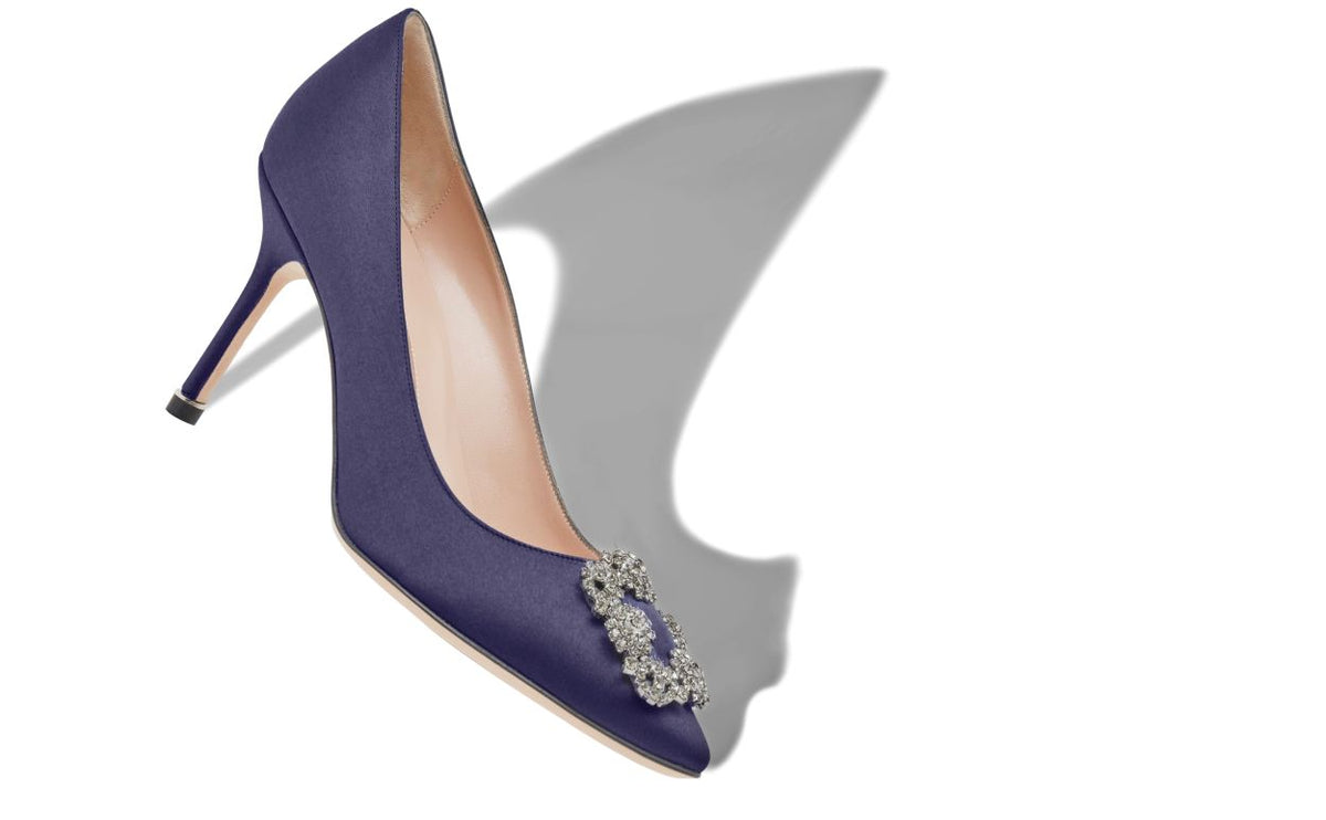 Genevieve Dream Blue Jewel Buckle Pumps – front three-quarter view showing blue jewel buckle, crystal buckle, almond toe…