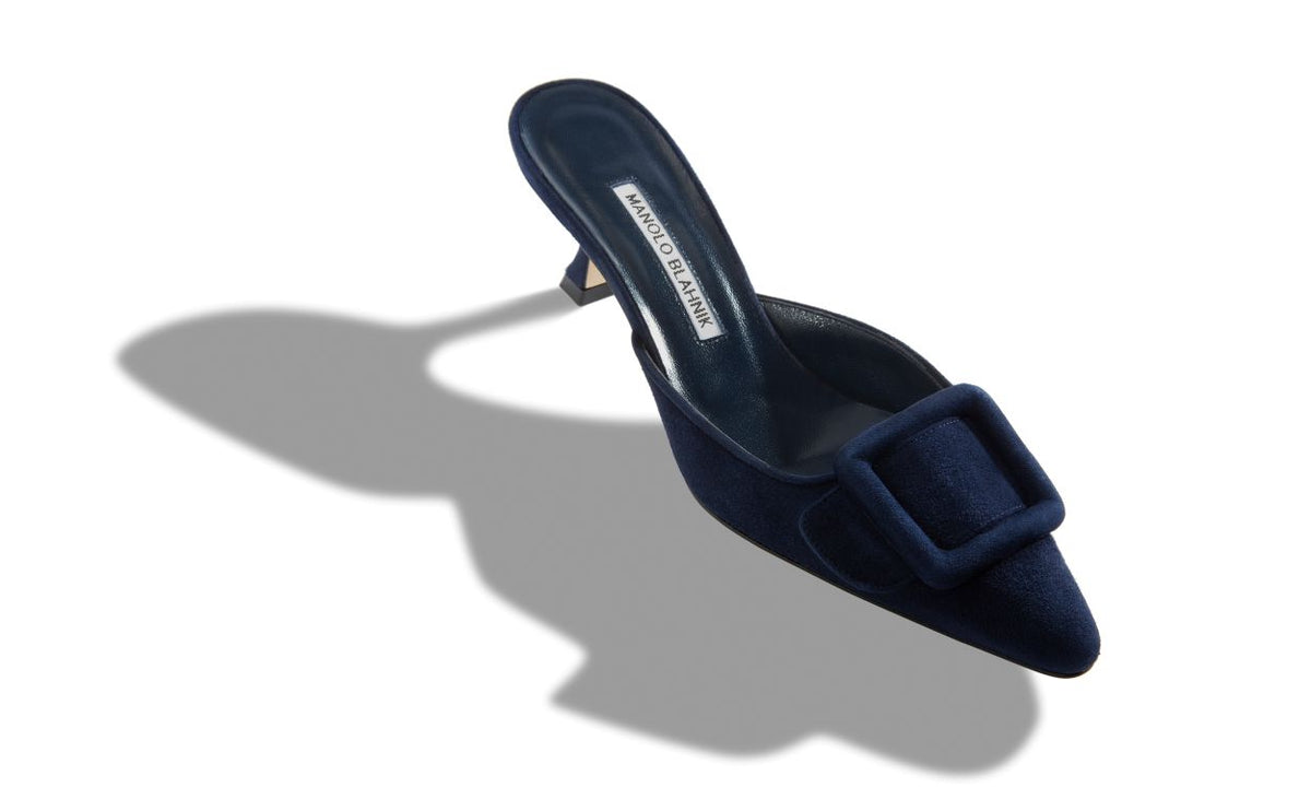 Anastasia Belle Blue Suede Mules – front three-quarter view showing blue suede, Vowalisse