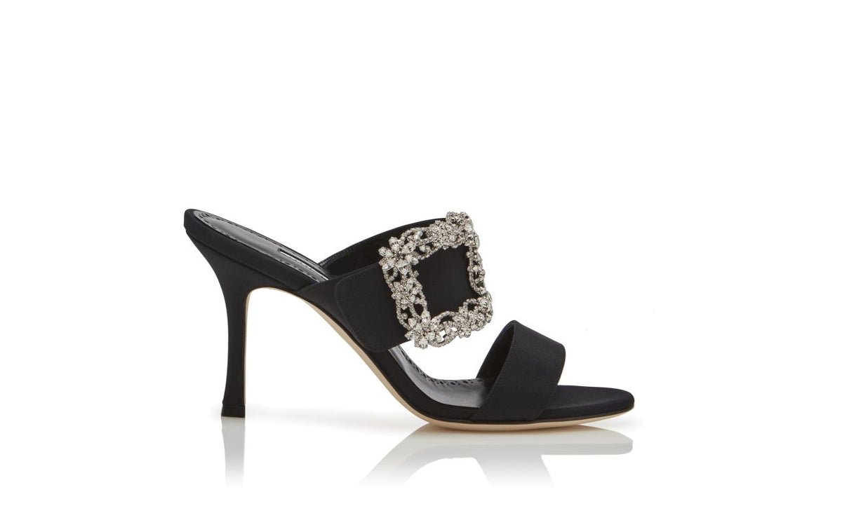 Odette Élan Black Jewel Buckle Mules – side profile showing black jewel buckle, crystal buckle, open toe, Vowalisse
