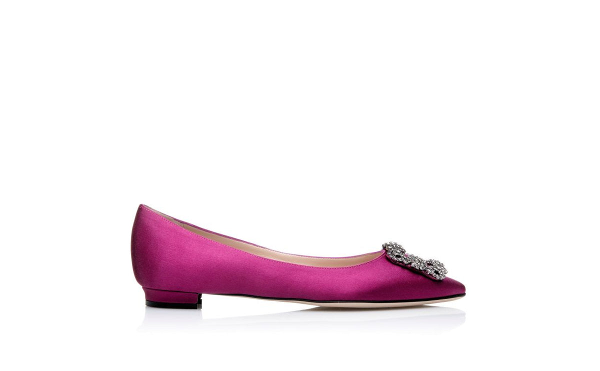Estelle Crown Pink Jewel Buckle Pumps – side profile showing pink jewel buckle, crystal buckle, almond toe, satin…