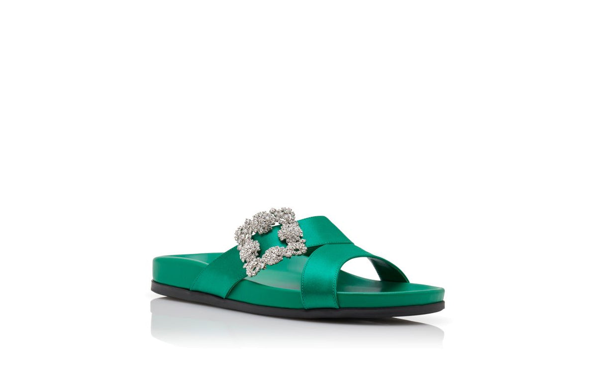 Genevieve Rose Green Jewel Buckle Mules – top view showing green jewel buckle, crossover, open toe, satin, Vowalisse