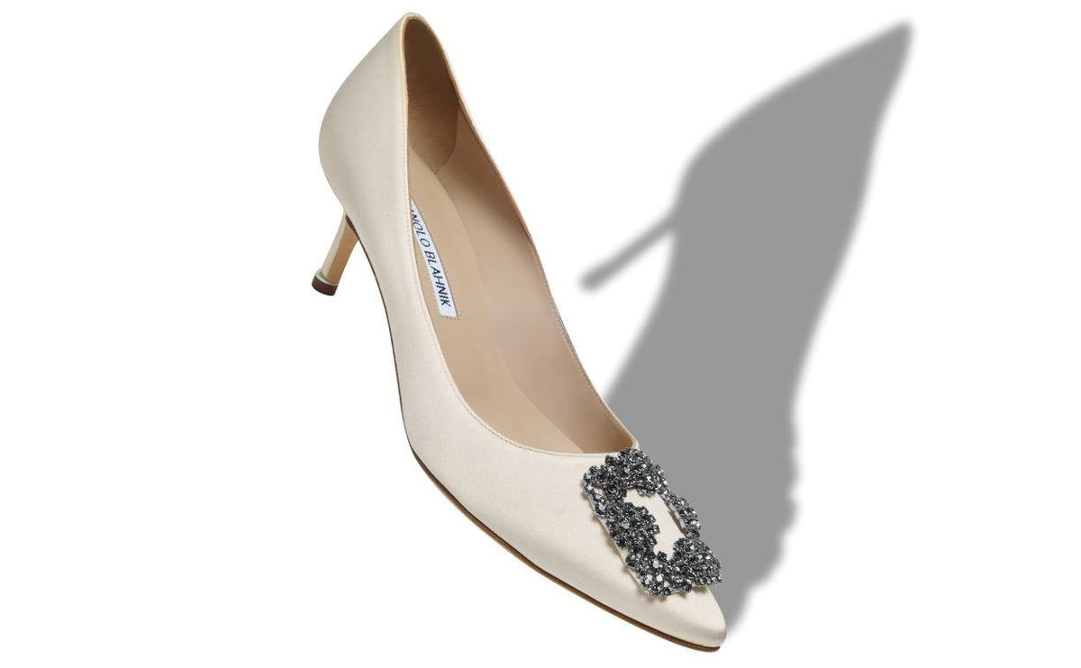 Juliette Rose White Jewel Buckle Pumps – front three-quarter view showing white jewel buckle, crystal buckle, almond toe…