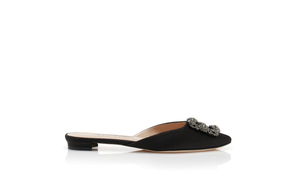 Odette Crown Black Jewel Buckle Mules – side profile showing black jewel buckle, crystal buckle, satin, Vowalisse