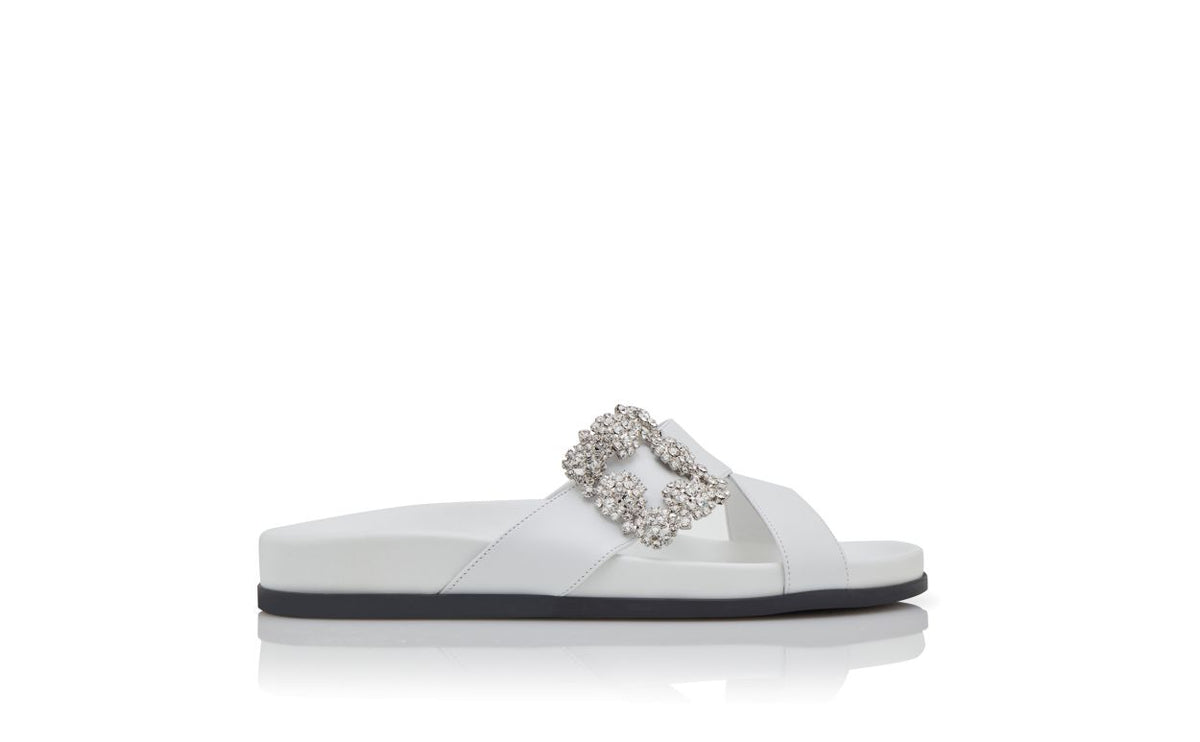 Arabella Lace White Jewel Buckle Mules – side profile showing white jewel buckle, crossover, open toe, Vowalisse