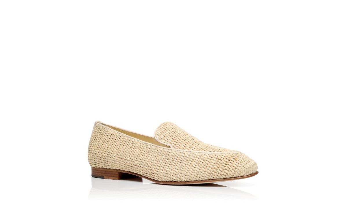 Magnolia Pearl Neutral Nappa Leather Loafers – top view showing neutral nappa leather, raffia, Vowalisse
