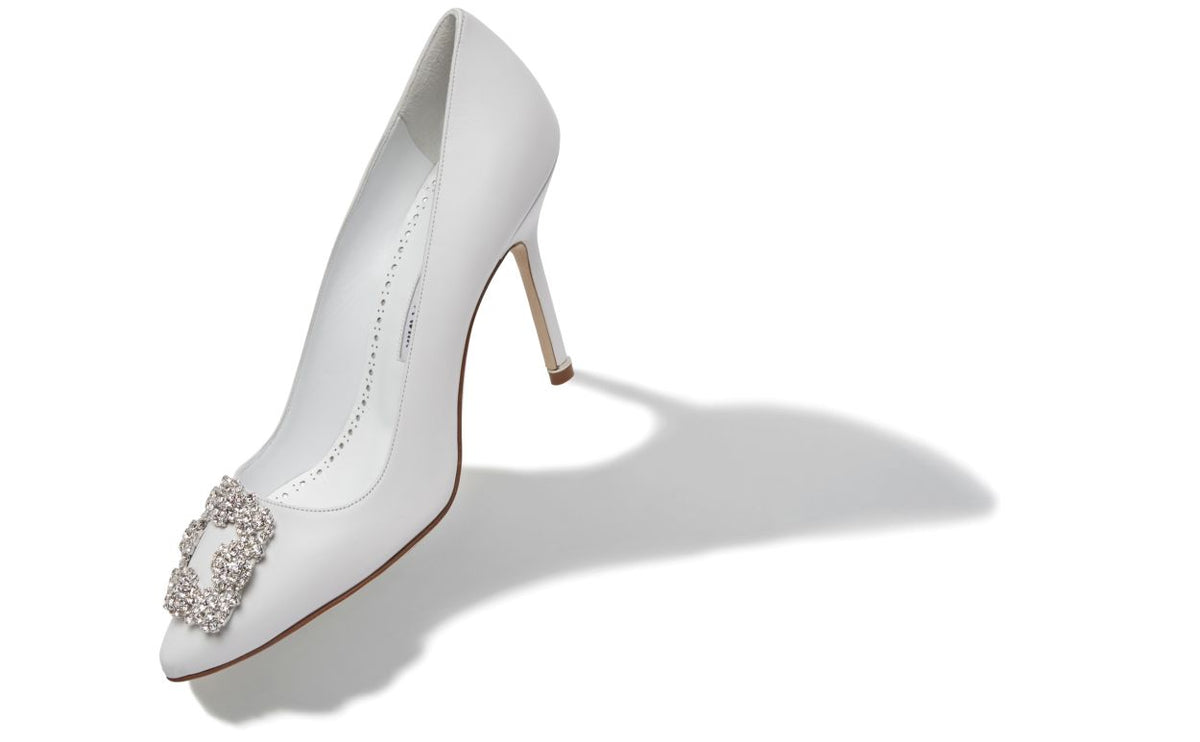 Rosalie Bloom White Jewel Buckle Pumps – front three-quarter view showing white jewel buckle, crystal buckle, almond toe…