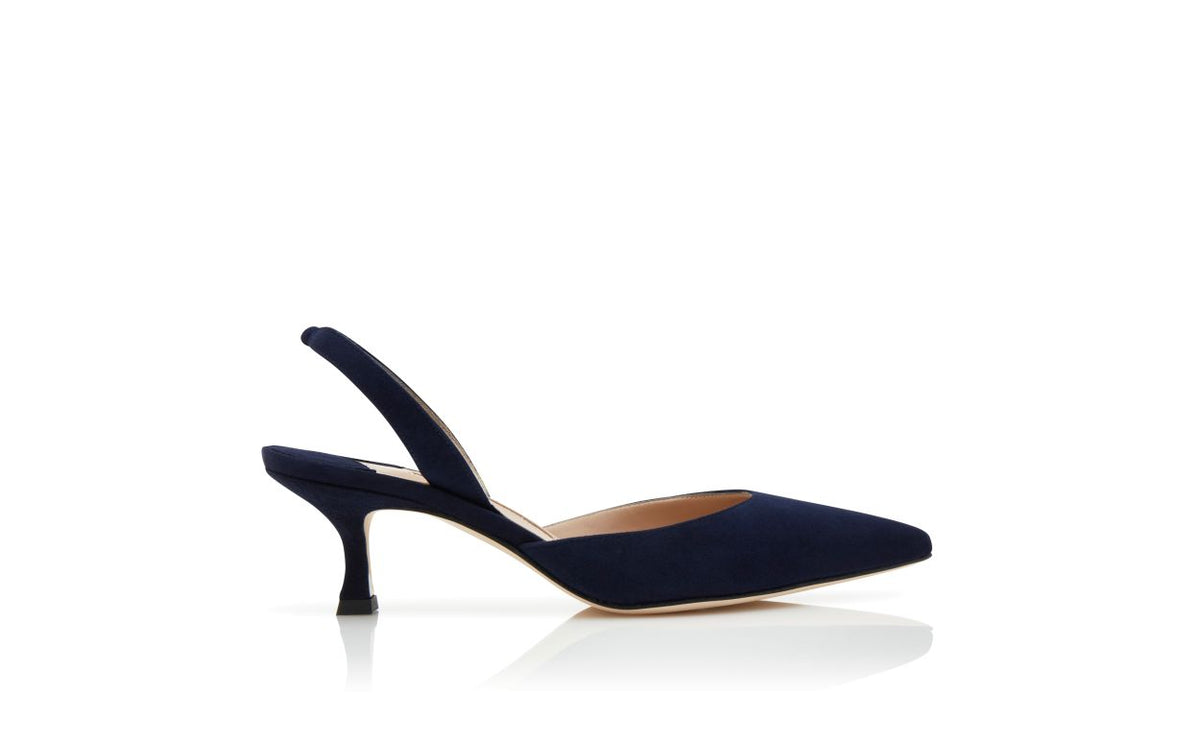 Clarisse Crown Blue Slingback Slingbacks – side profile showing blue slingback, almond toe, suede, Vowalisse