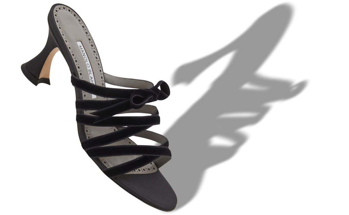 Odette Halo Black Bow Detail Mules – front three-quarter view showing black bow detail, open toe, velvet, Vowalisse