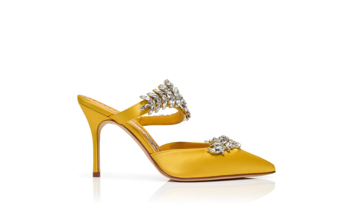 Seraphina Pearl Yellow Crystal Embellished Mules – side profile showing yellow crystal embellished, pointed toe, satin…