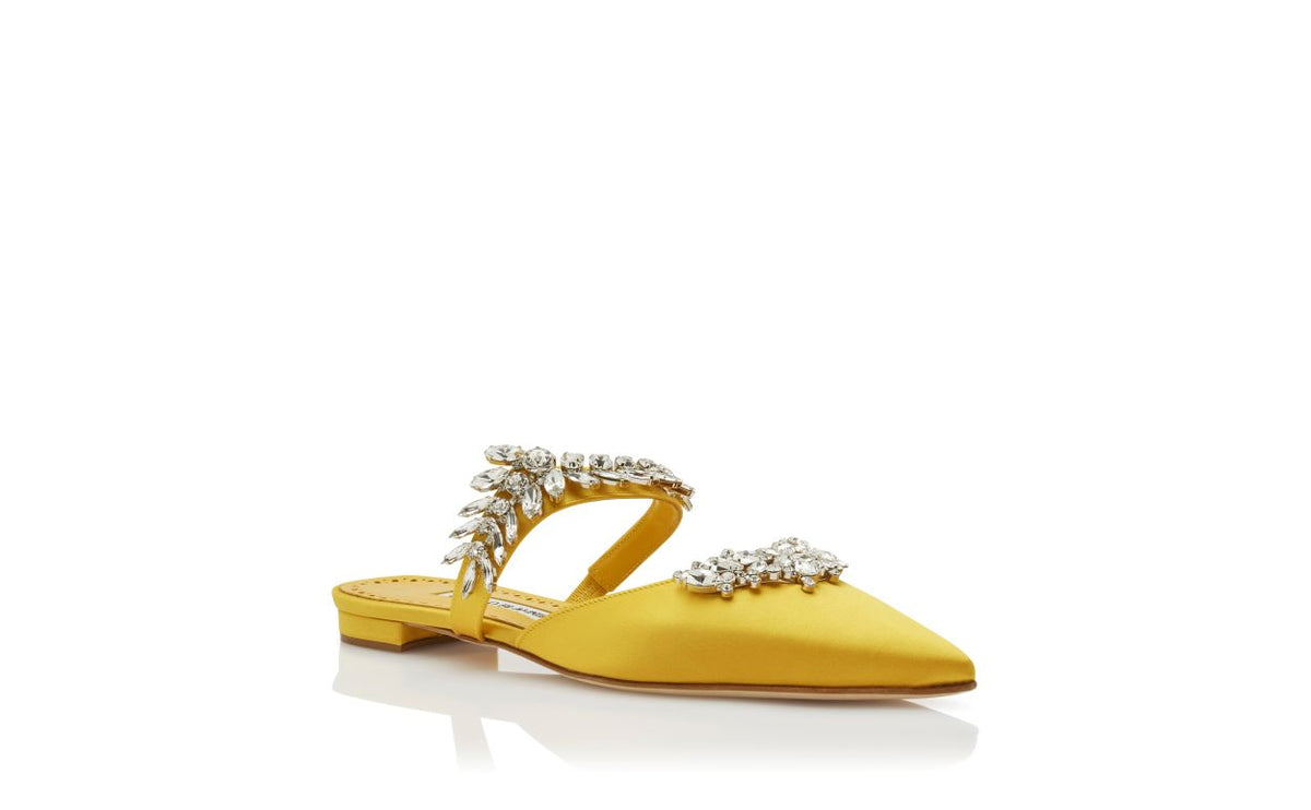 Fiorella Grace Yellow Crystal Embellished Mules – top view showing yellow crystal embellished, satin, Vowalisse