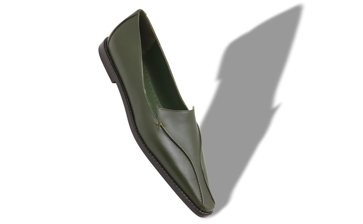 Fiorella Shine Green Almond Toe Loafers – front three-quarter view showing green almond toe, Vowalisse
