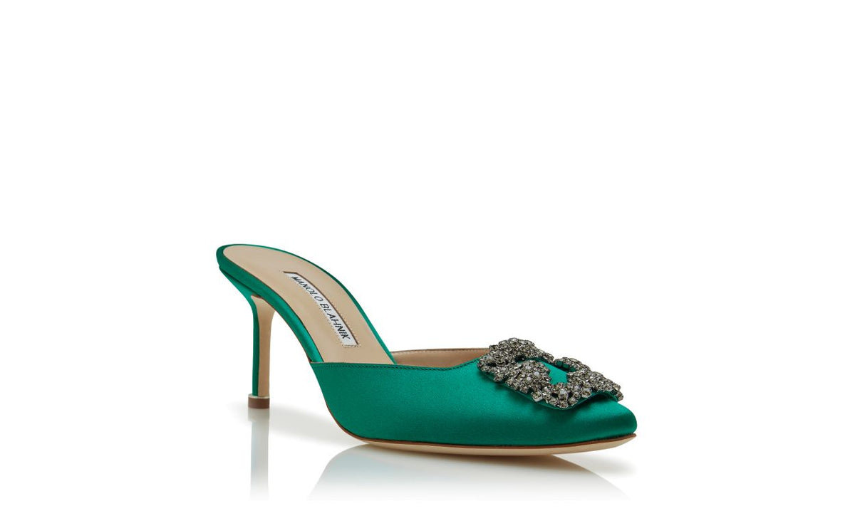Emmeline Bloom Green Jewel Buckle Mules – top view showing green jewel buckle, crystal buckle, almond toe, satin, Vowalisse