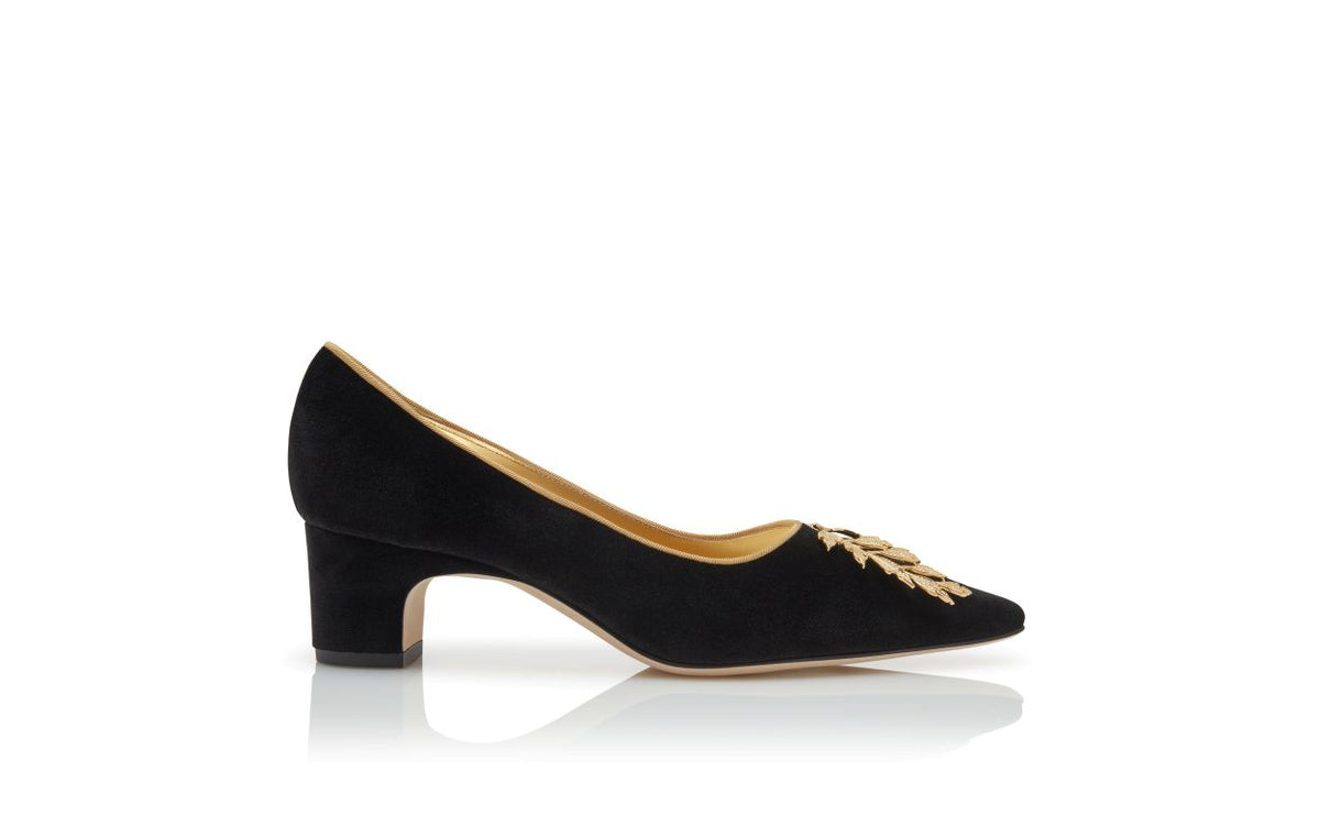 Leonora Lace Black Almond Toe Pumps – side profile showing black almond toe, velvet, Vowalisse