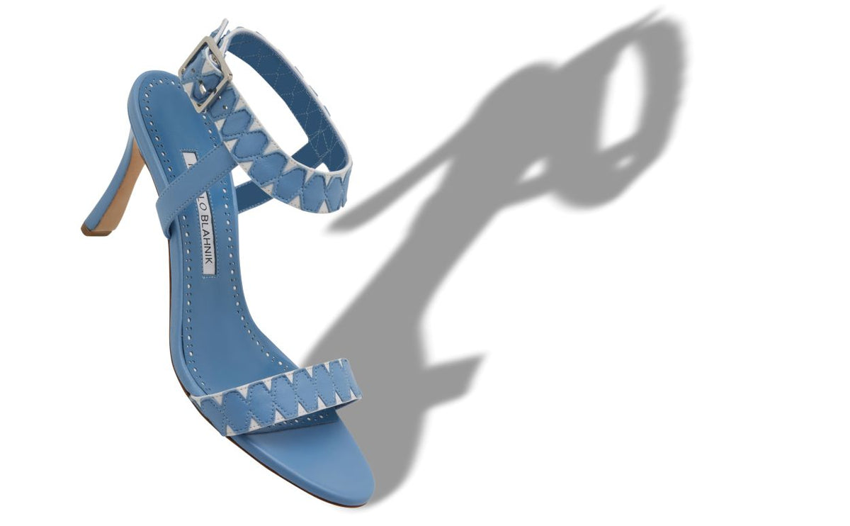 Valentina Rose Blue Ankle Strap Ankle-Strap Shoes – front three-quarter view showing blue ankle strap, open toe, nappa…