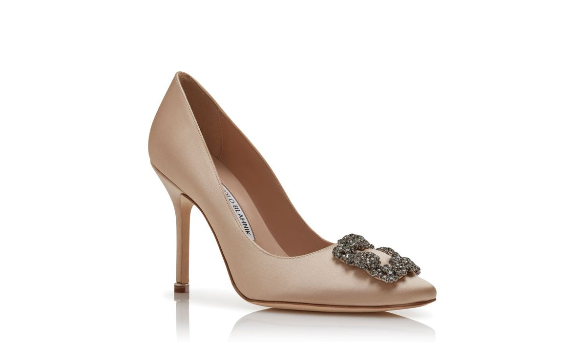 Rosalie Belle Neutral Jewel Buckle Pumps – top view showing neutral jewel buckle, crystal buckle, almond toe, satin…