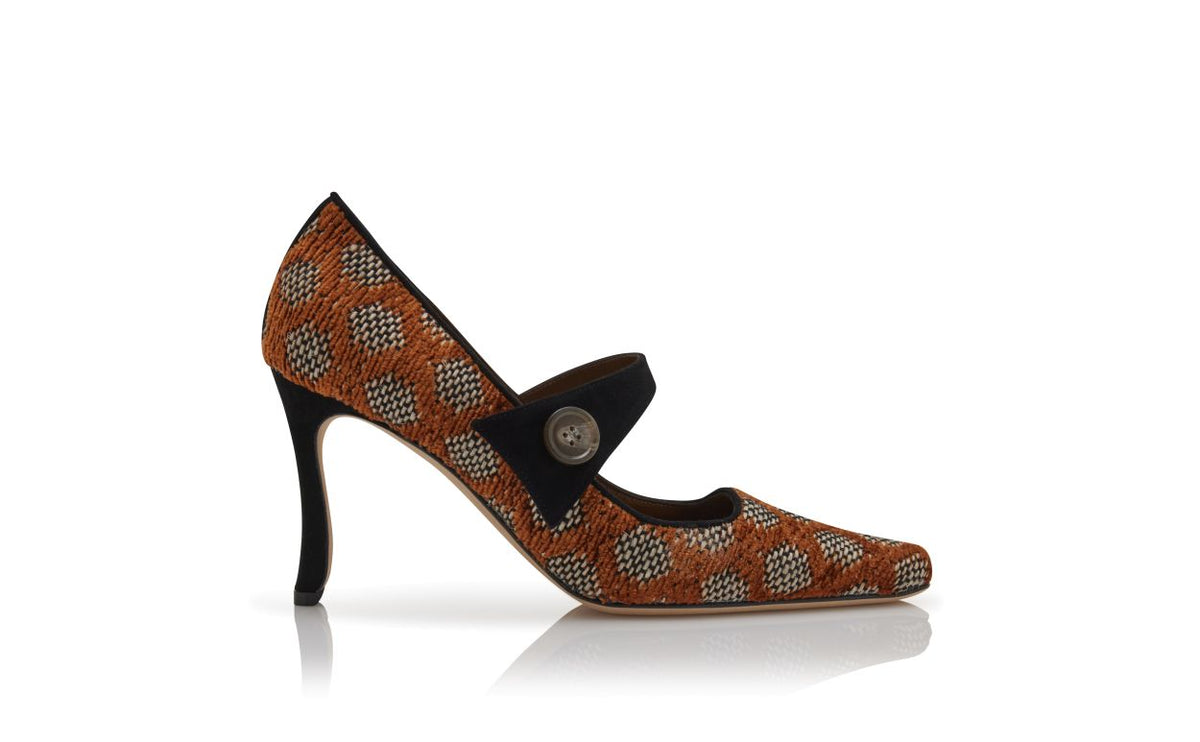 Arabella Star Brown Almond Toe Mary Jane Shoes – side profile showing brown almond toe, suede, raffia, Vowalisse
