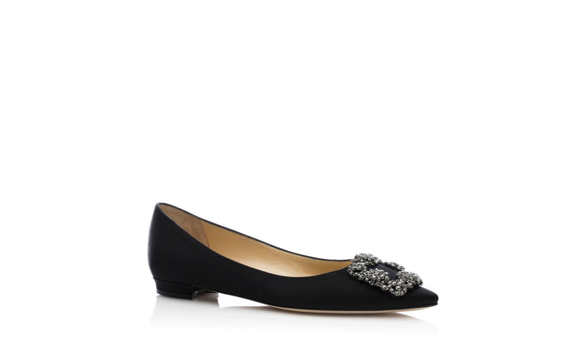 Marcella Belle Black Jewel Buckle Pumps – top view showing black jewel buckle, crystal buckle, almond toe, satin, Vowalisse