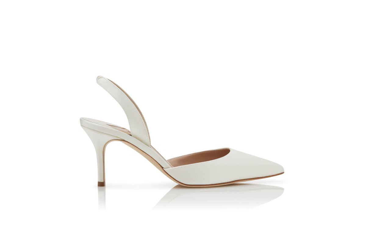 Evangeline Dawn White Slingback Slingbacks – side profile showing white slingback, pointed toe, satin, Vowalisse
