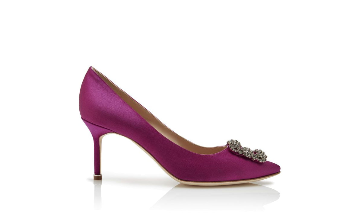 Estelle Bloom Pink Jewel Buckle Pumps – side profile showing pink jewel buckle, crystal buckle, almond toe, satin…