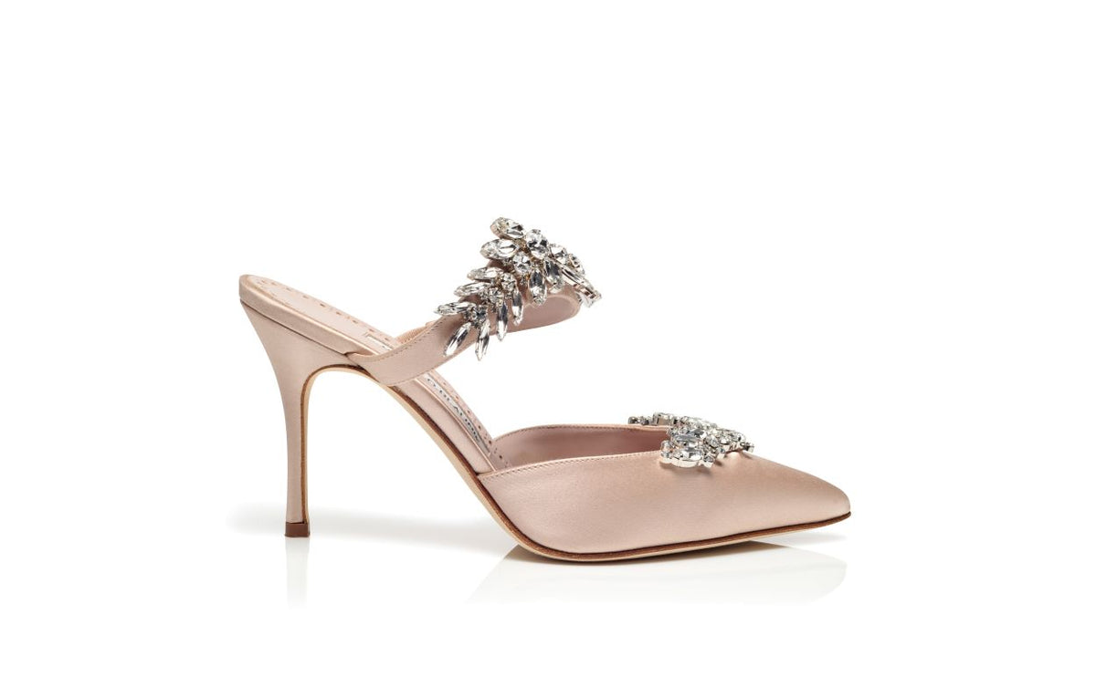 Elara Lace Neutral Crystal Embellished Mules – side profile showing neutral crystal embellished, pointed toe, satin…