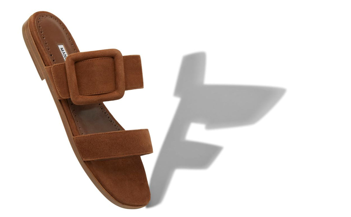 Lucienne Grace Brown Open Toe Mules – front three-quarter view showing brown open toe, suede, Vowalisse