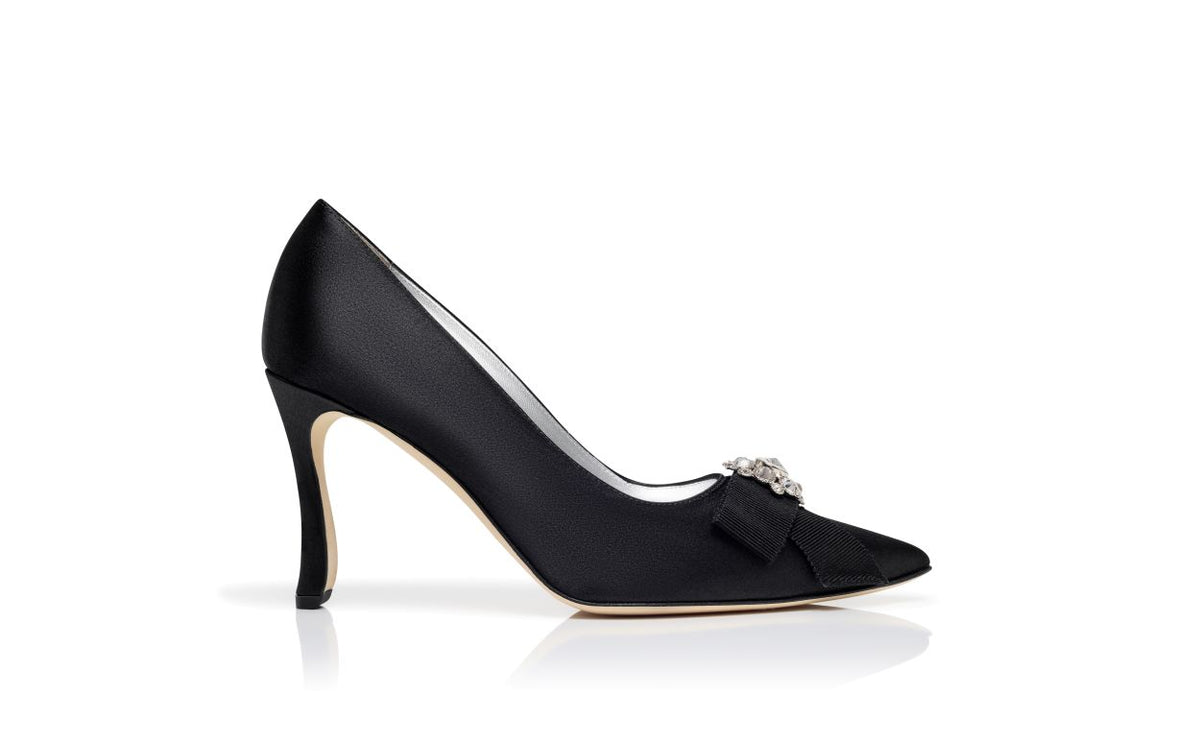 Delphine Shine Black Bow Detail Pumps – side profile showing black bow detail, pointed toe, satin, Vowalisse