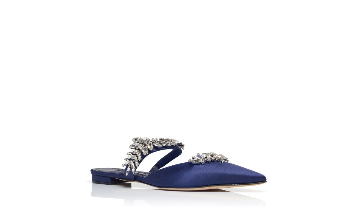 Lunette Shine Blue Crystal Embellished Mules – top view showing blue crystal embellished, satin, Vowalisse