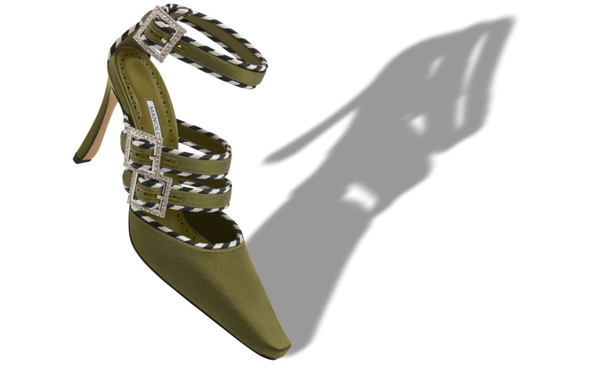 Ophelia Rose Green Crystal Buckle Ankle-Strap Shoes – front three-quarter view showing green crystal buckle, crystal…