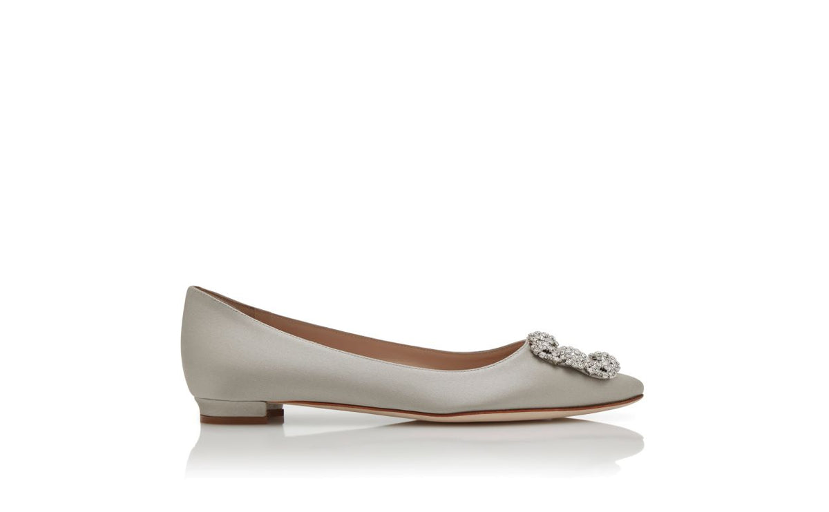 Vivienne Grace Grey Jewel Buckle Pumps – side profile showing grey jewel buckle, crystal buckle, almond toe, satin…