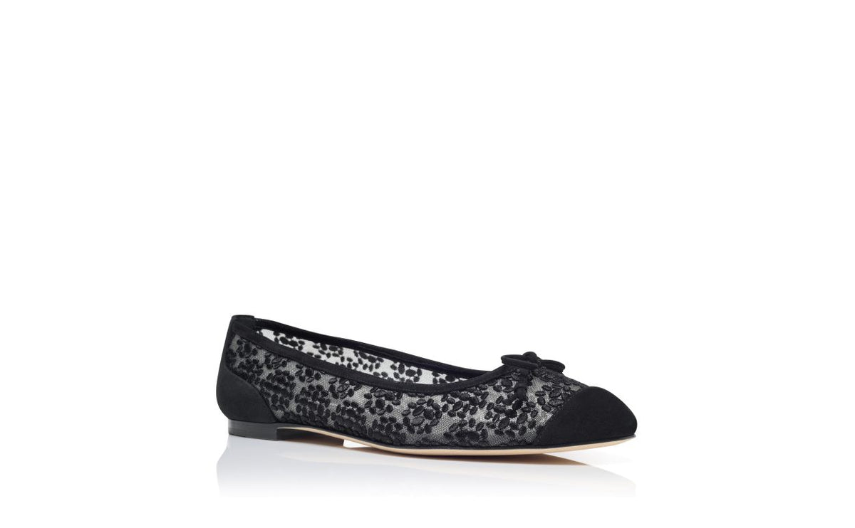 Colette Jewel Black Bow Detail Pumps – top view showing black bow detail, round toe, suede, lace, Vowalisse