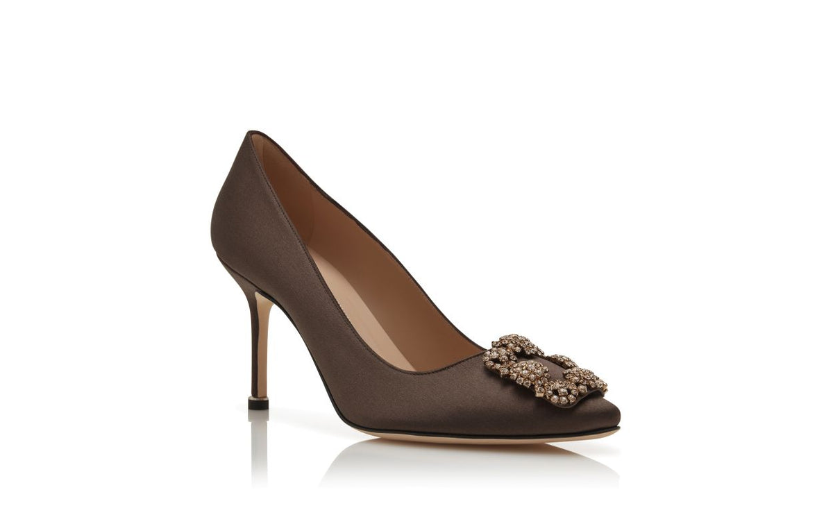 Juliette Élan Brown Jewel Buckle Pumps – top view showing brown jewel buckle, crystal buckle, almond toe, satin, Vowalisse