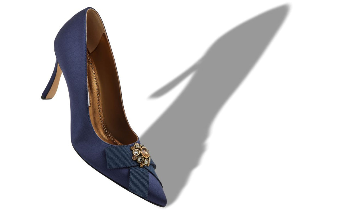 Celeste Velvet Blue Bow Detail Pumps – front three-quarter view showing blue bow detail, pointed toe, satin, Vowalisse