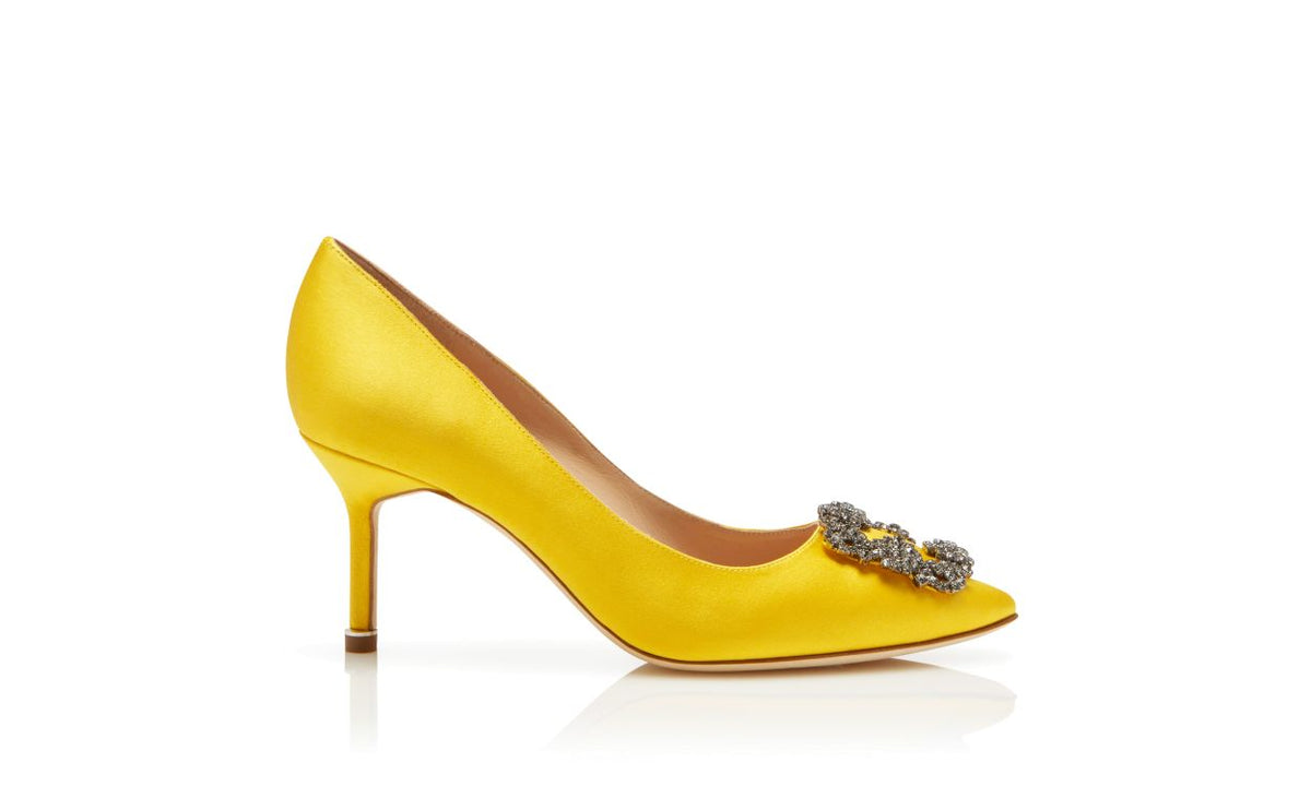 Adriana Bloom Yellow Jewel Buckle Pumps – side profile showing yellow jewel buckle, crystal buckle, almond toe, satin…