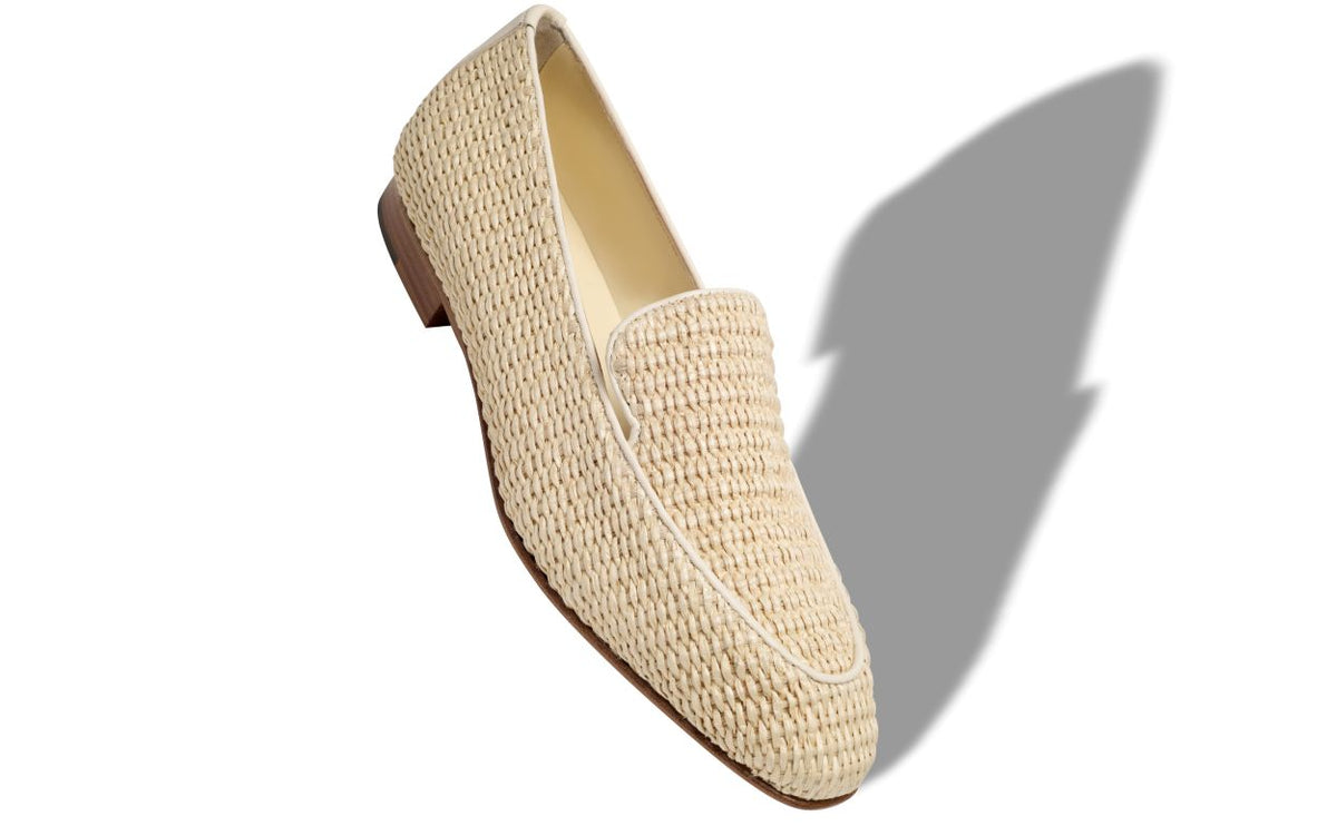 Magnolia Pearl Neutral Nappa Leather Loafers – front three-quarter view showing neutral nappa leather, raffia, Vowalisse