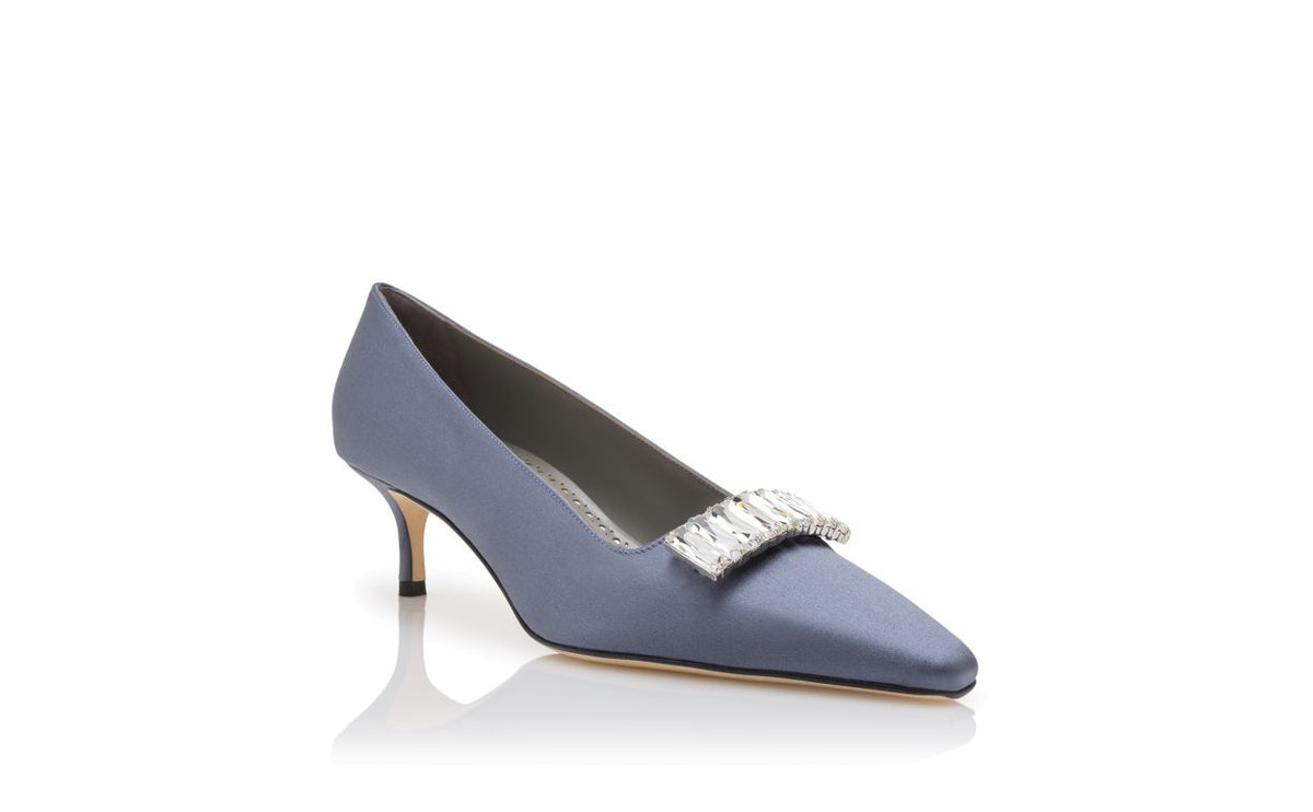 Magnolia Muse Blue Crystal Embellished Pumps – top view showing blue crystal embellished, almond toe, satin, Vowalisse