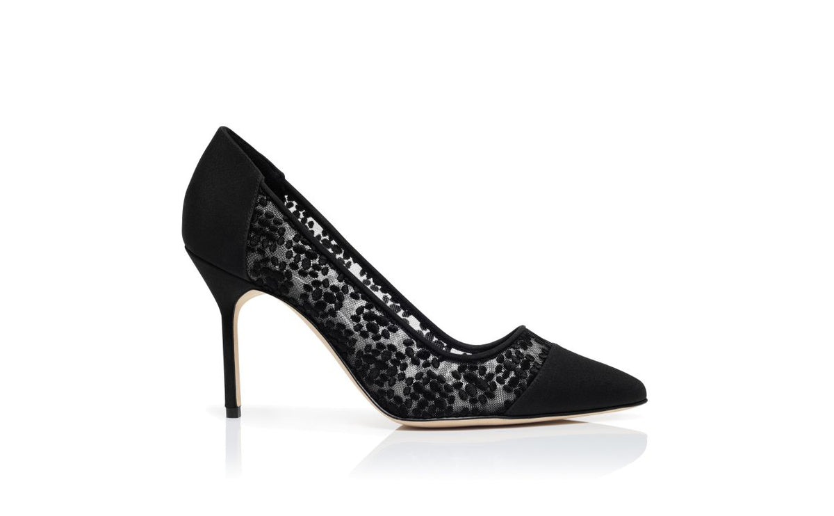 Fiorella Jewel Black Pointed Toe Pumps – side profile showing black pointed toe, lace, Vowalisse