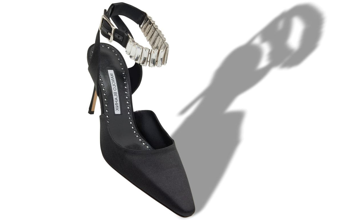Evangeline Rose Black Crystal Embellished Ankle-Strap Shoes – front three-quarter view showing black crystal embellished…