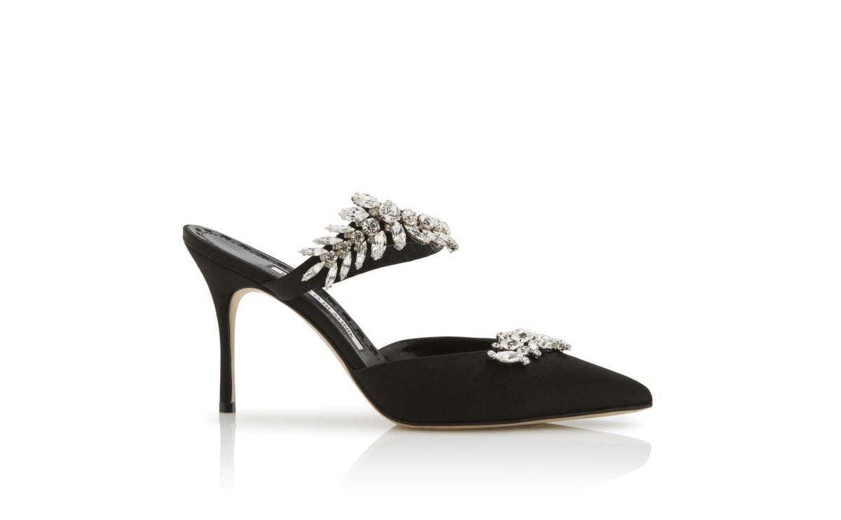 Marcella Bloom Black Crystal Embellished Mules – side profile showing black crystal embellished, pointed toe, satin…