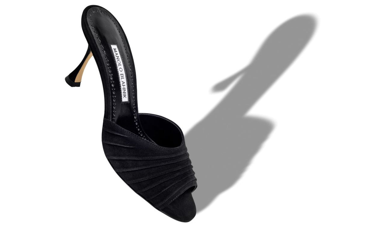 Violetta Pearl Black Open Toe Mules – front three-quarter view showing black open toe, suede, Vowalisse