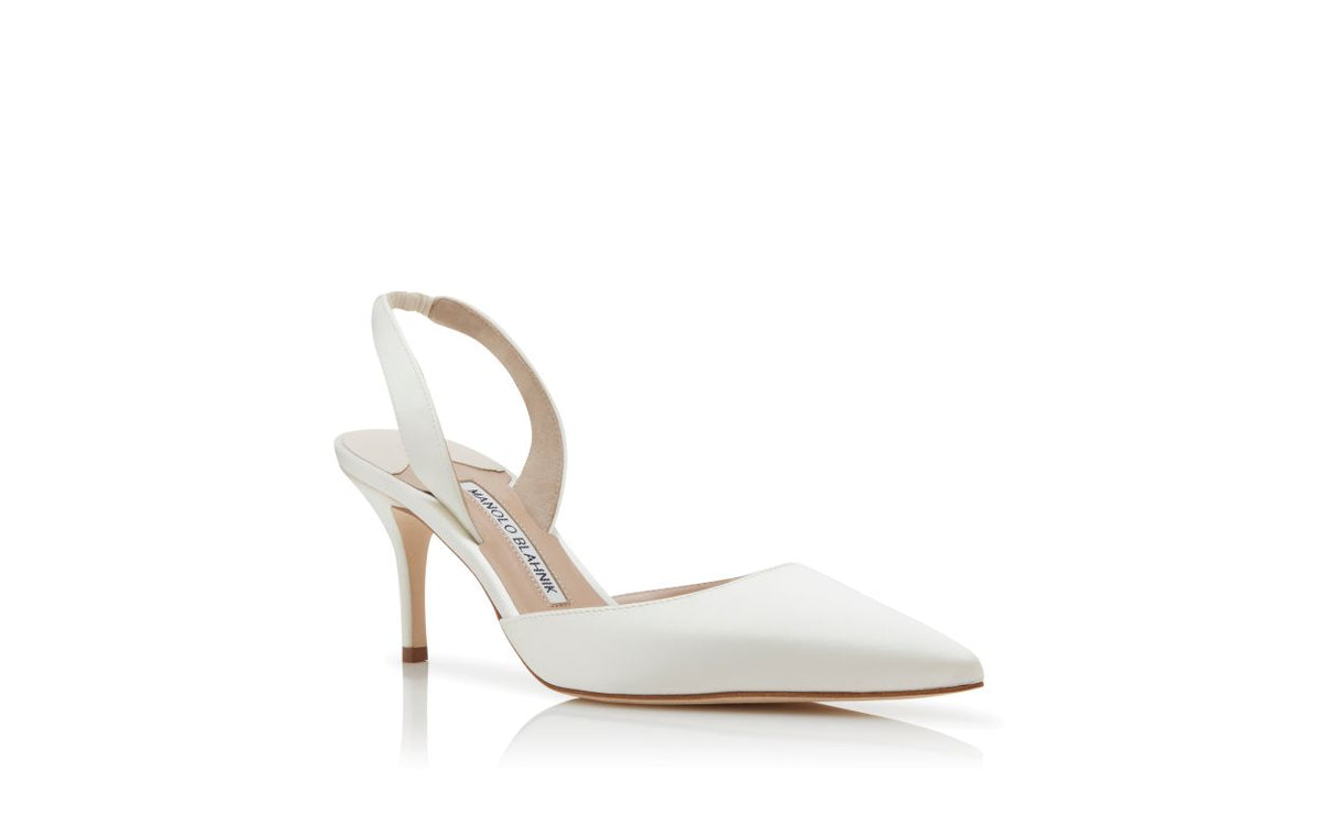 Evangeline Dawn White Slingback Slingbacks – top view showing white slingback, pointed toe, satin, Vowalisse
