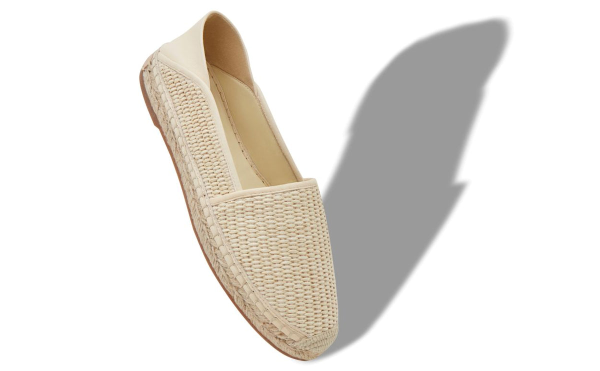 Marielle Élan Neutral Round Toe Espadrilles – front three-quarter view showing neutral round toe, nappa leather, raffia…