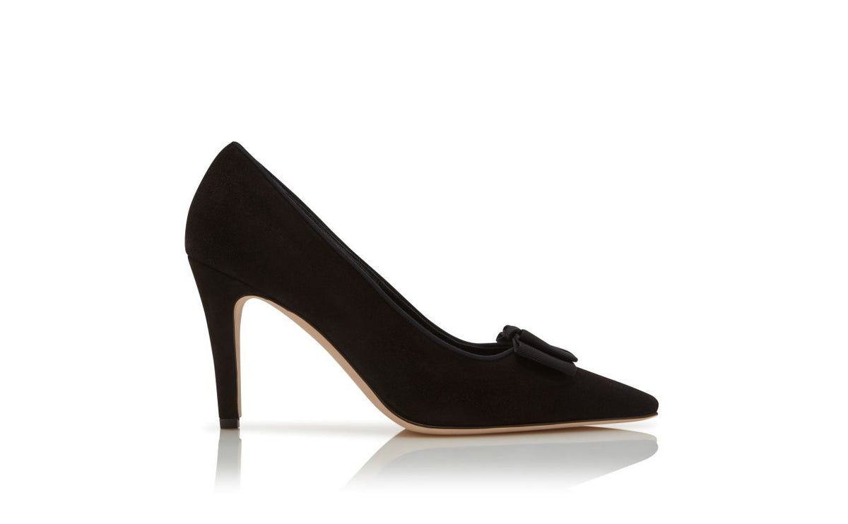 Rosalie Lace Black Bow Detail Pumps – side profile showing black bow detail, pointed toe, suede, Vowalisse