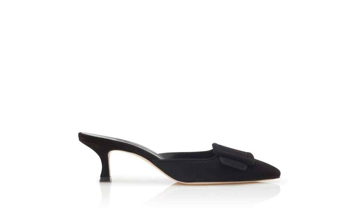 Ophelia Belle Black Suede Mules – side profile showing black suede, Vowalisse