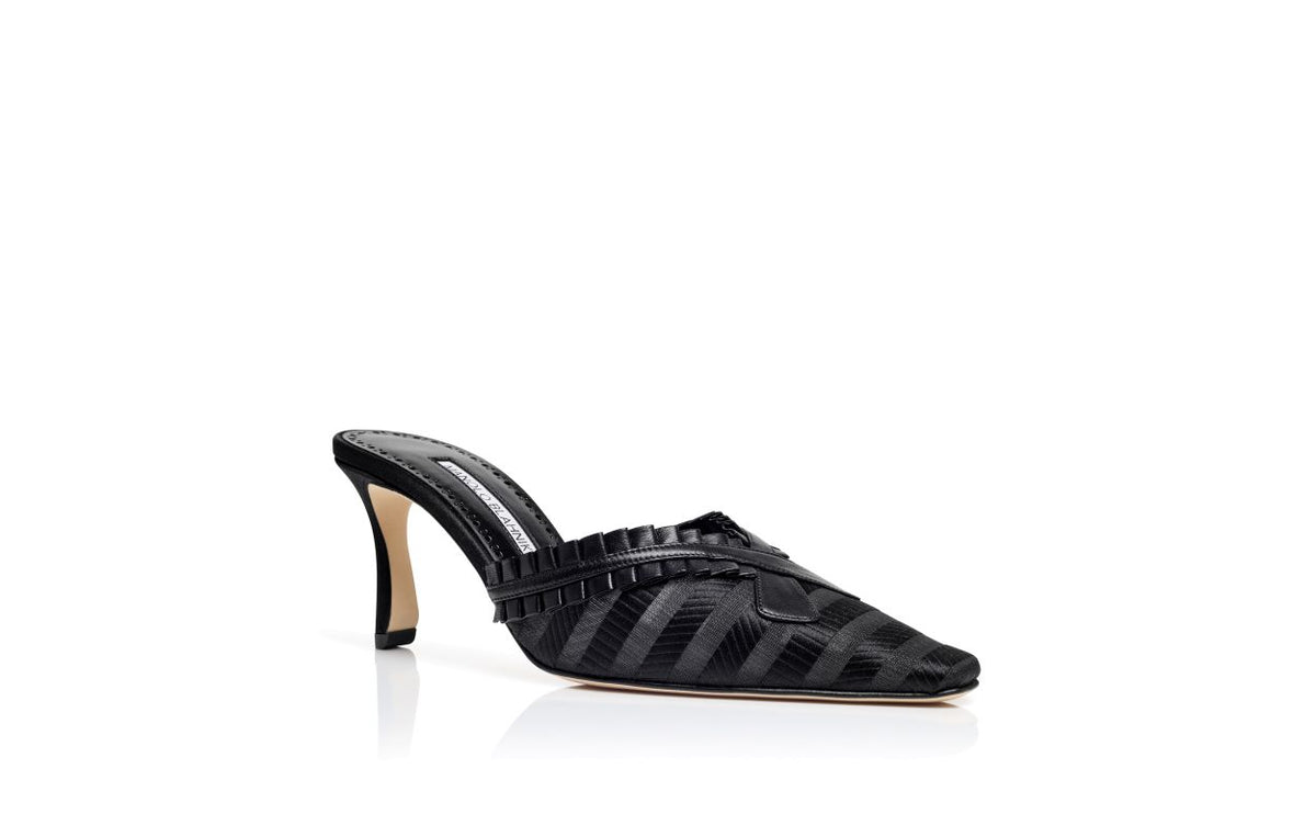 Anastasia Shine Black Pleat Detail Mules – top view showing black pleat detail, almond toe, nappa leather, Vowalisse
