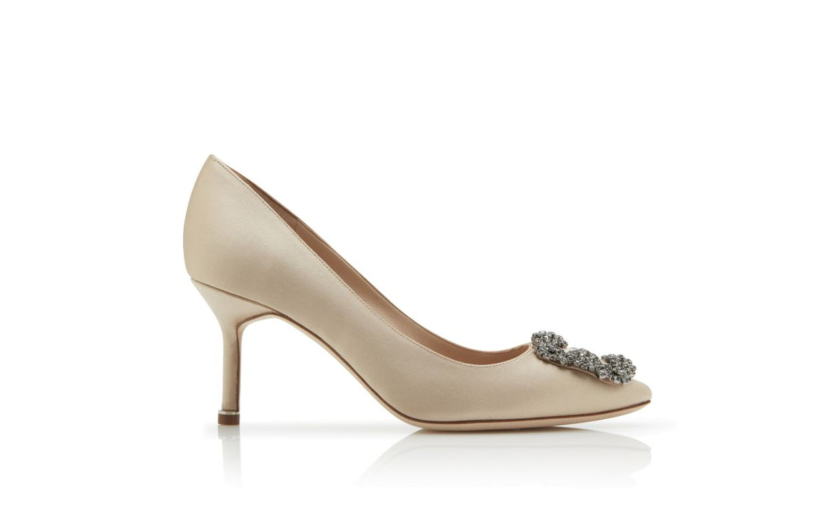 Isadora Belle Neutral Jewel Buckle Pumps – side profile showing neutral jewel buckle, crystal buckle, almond toe, satin…