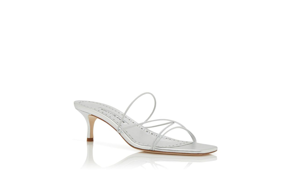 Camellia Flame Silver Open Toe Mules – top view showing silver open toe, nappa leather, Vowalisse