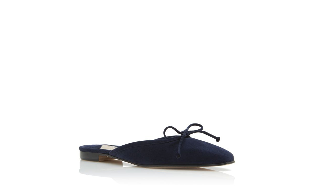 Violetta Dawn Blue Almond Toe Mules – top view showing blue almond toe, suede, lace, Vowalisse
