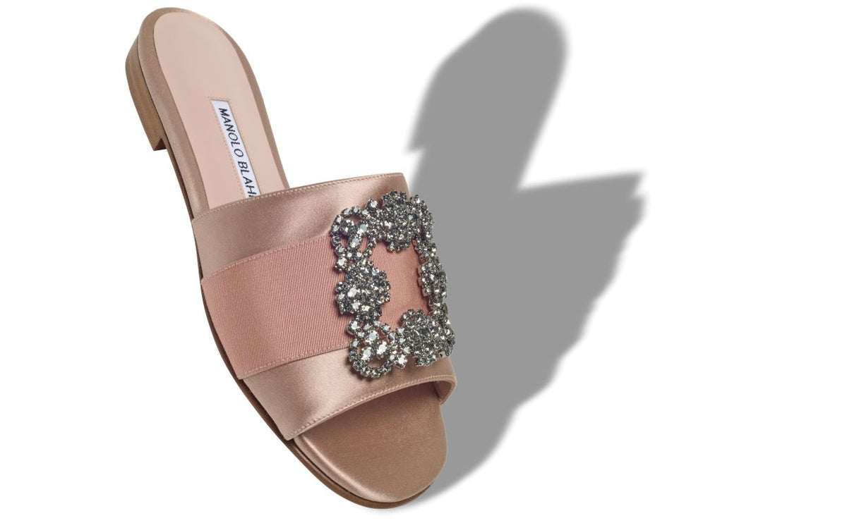 Juliette Jewel Neutral Jewel Buckle Mules – front three-quarter view showing neutral jewel buckle, crystal buckle, satin…